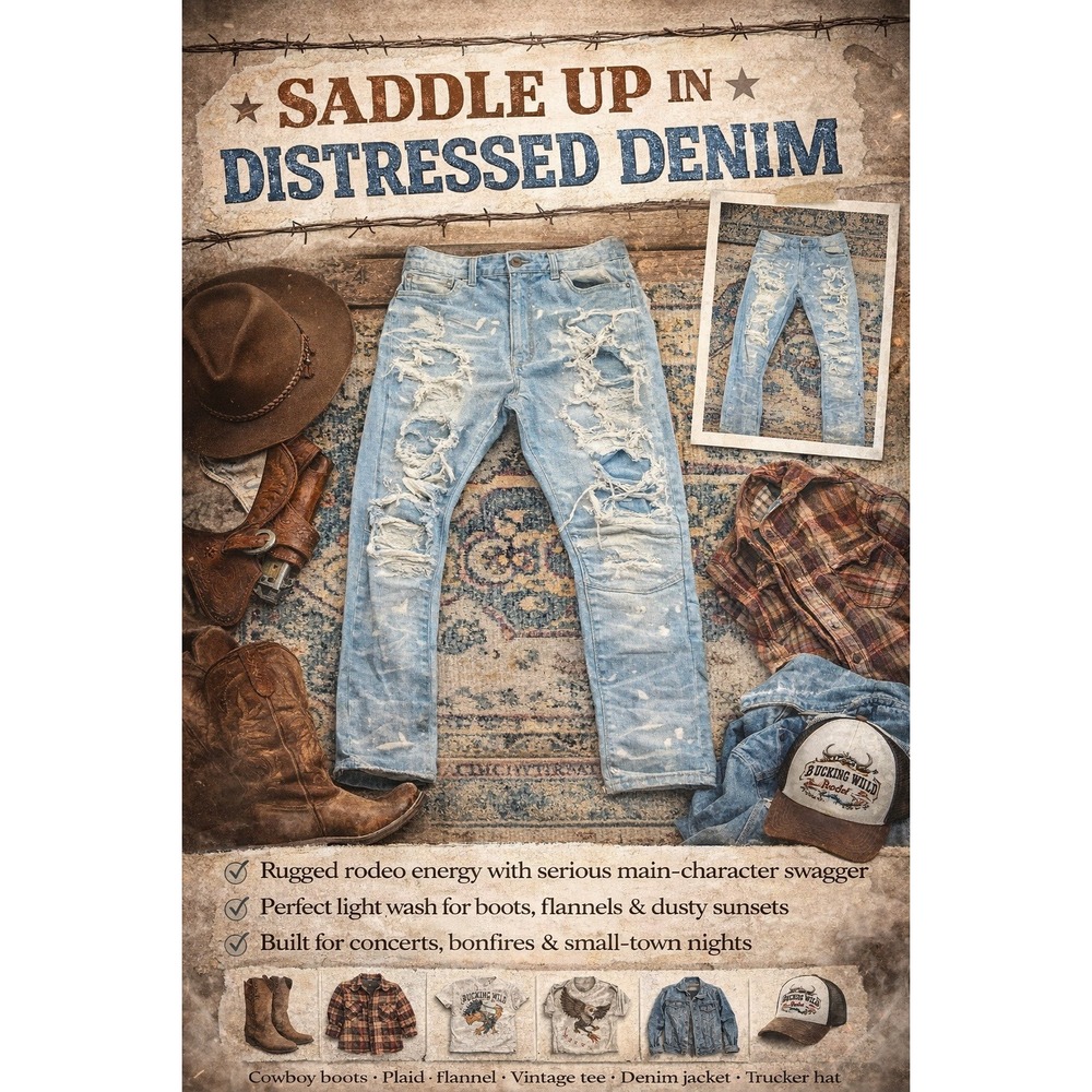 RUGGED RODEO DISTRESSED RNERGY MOTO Mens Moto Jeans‎ Western Slim Fit 32×32